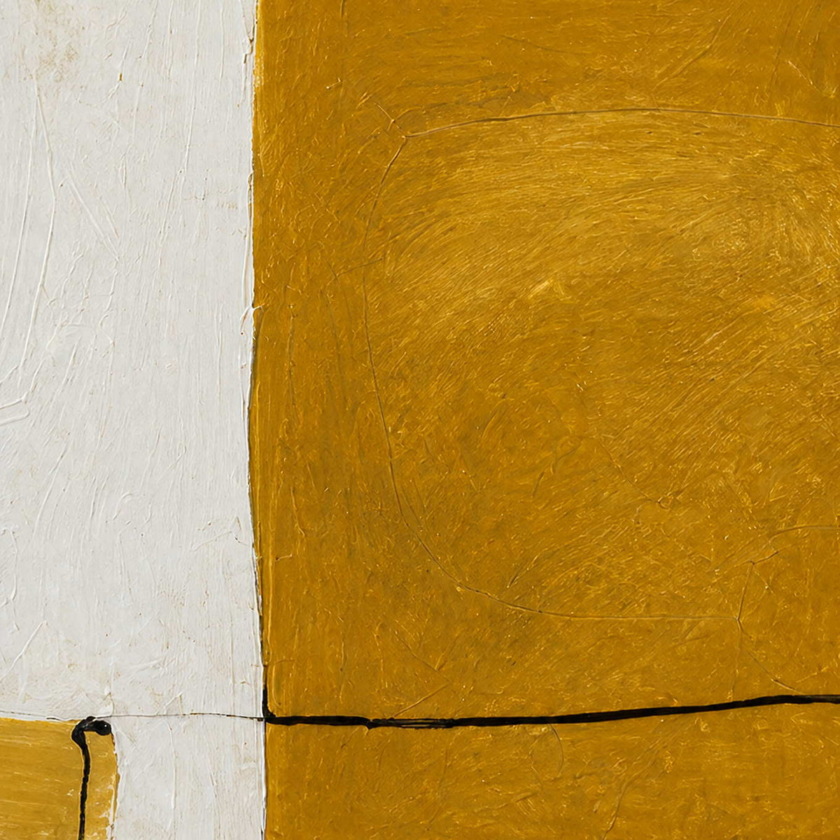 Close view of ochre and white brushwork intersected by a fine black line.