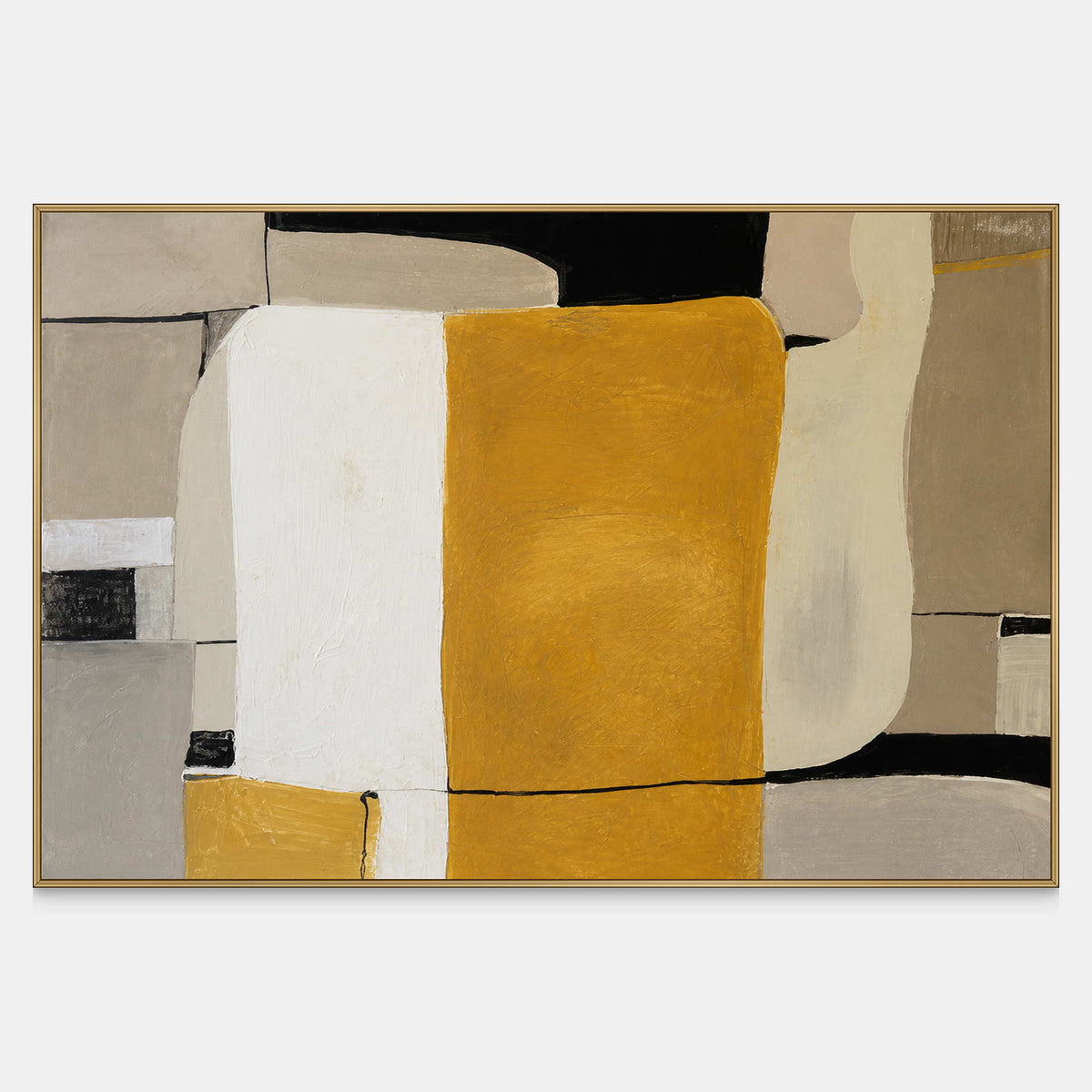 Horizontal abstract artwork with ochre and white blocks among rounded neutral shapes.