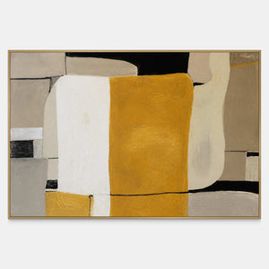 Horizontal abstract artwork with ochre and white blocks among rounded neutral shapes.