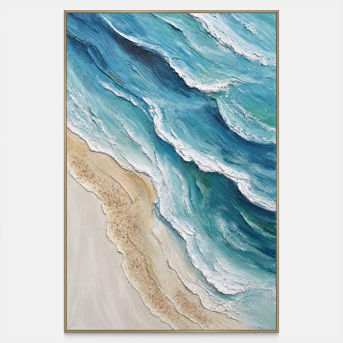 Front view of layered blue-green waves with raised white edges beside a pale sandy shore, with a gold-colored frame.