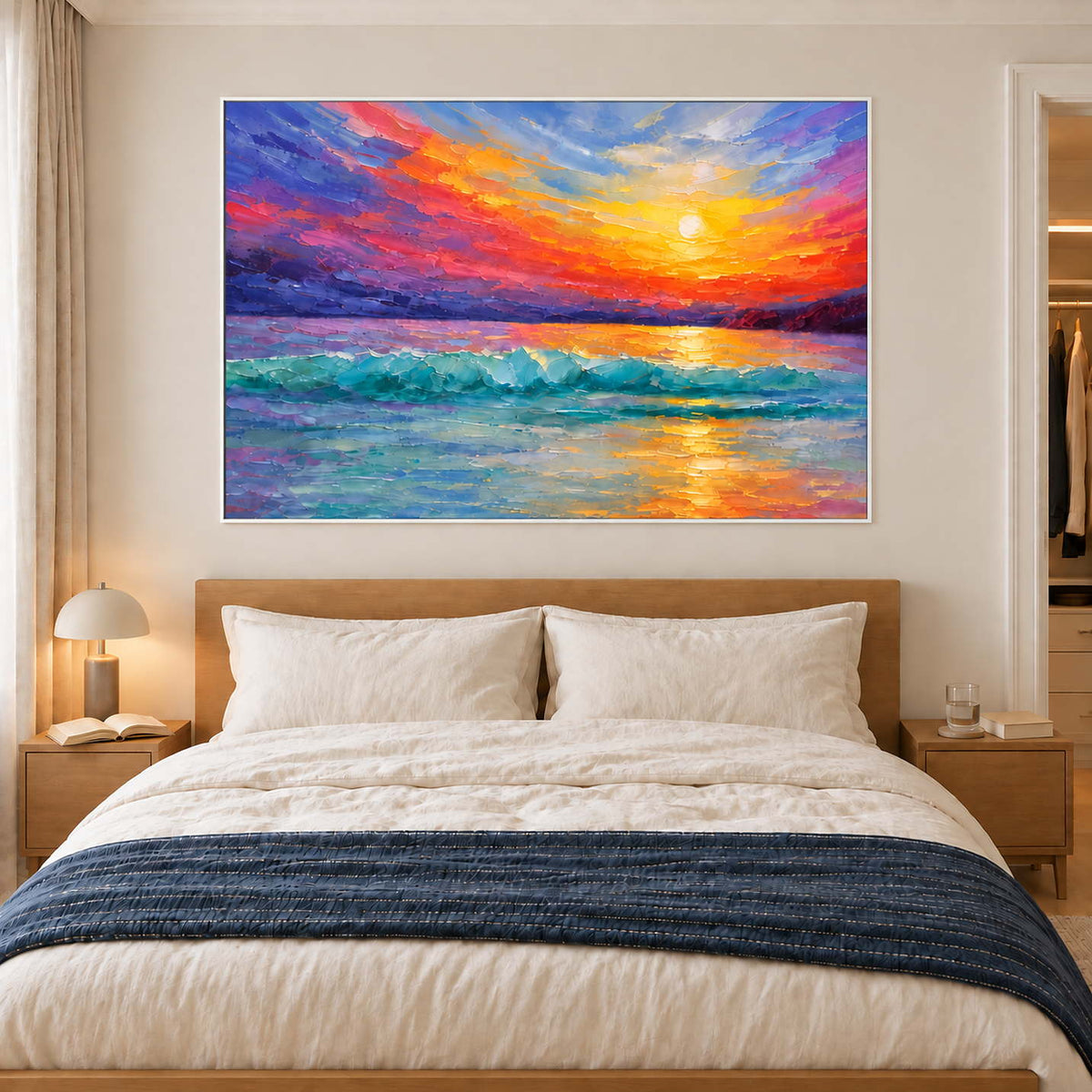 A golden sunset above turquoise waves and a purple-red sky in a white frame, displayed above a bed.