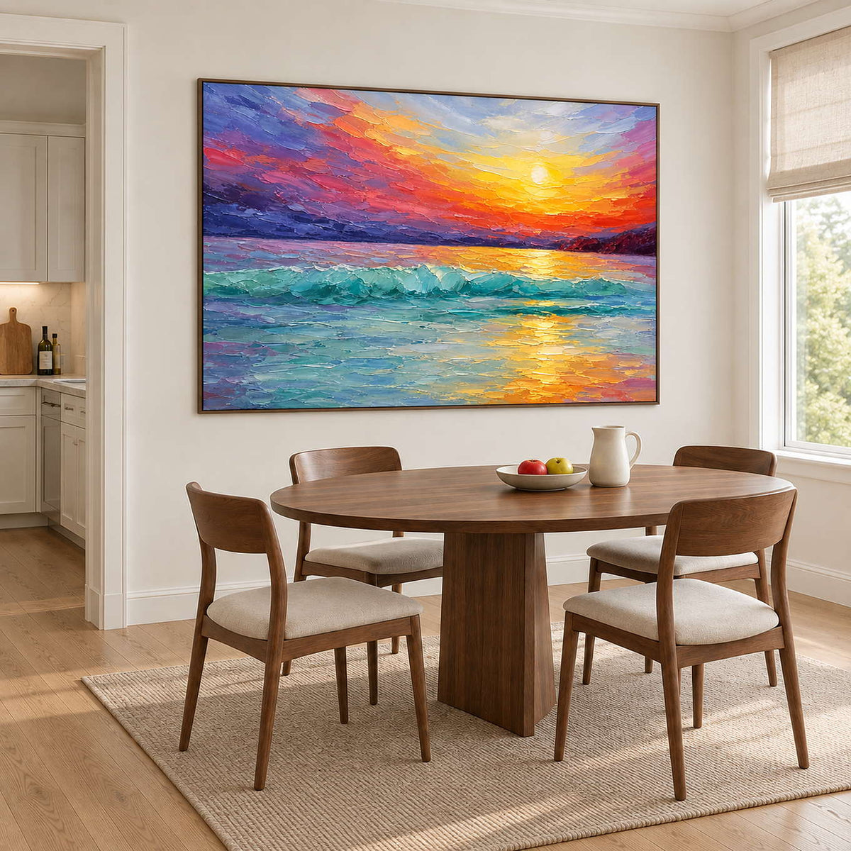 A golden sunset above turquoise waves and a purple-red sky in a brown wood frame, displayed above a dining table.
