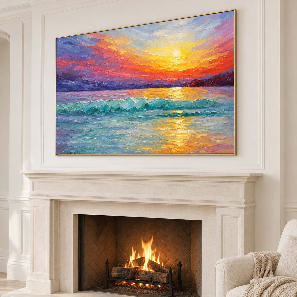 A golden sunset above turquoise waves and a purple-red sky in a gold frame, displayed above a fireplace.
