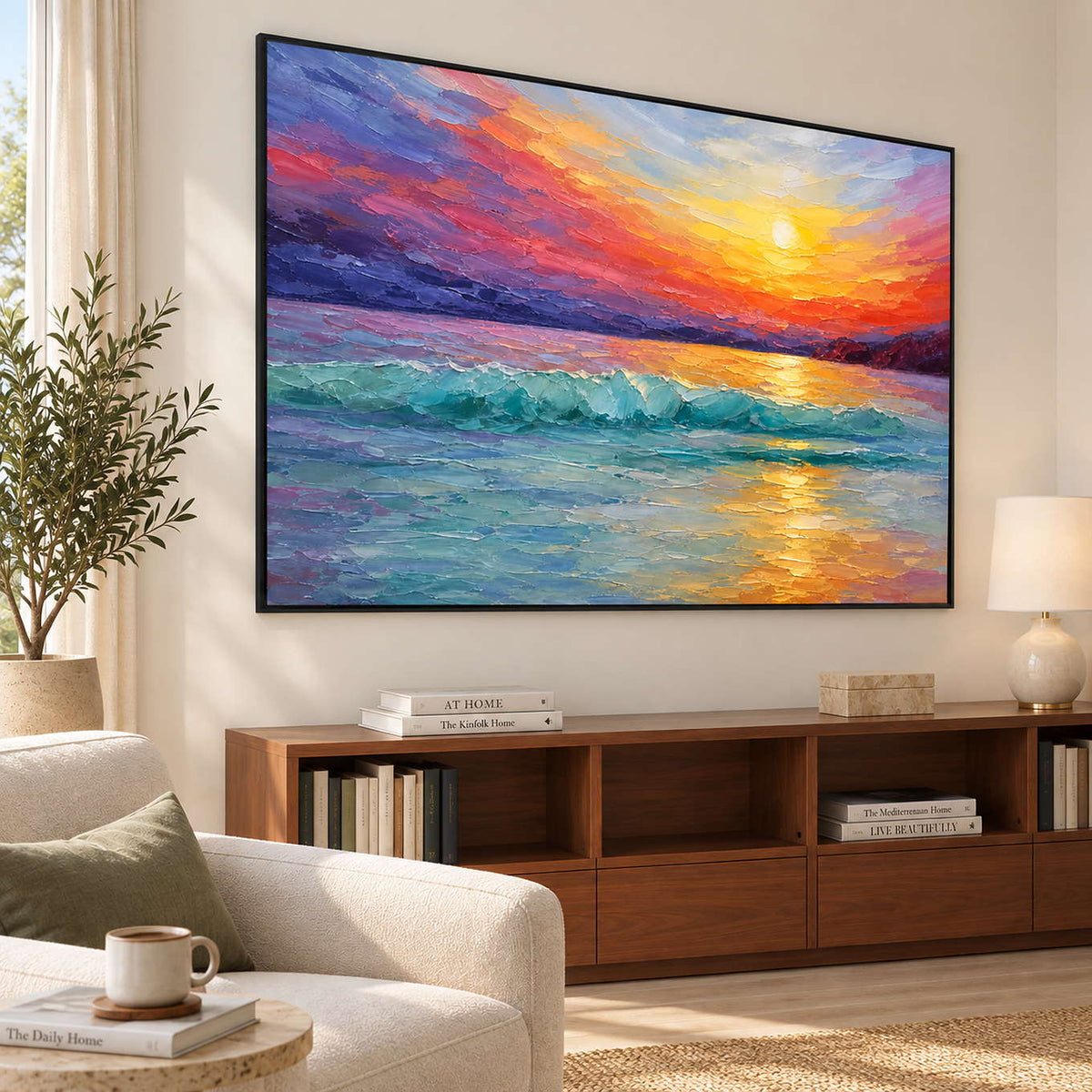 A golden sunset above turquoise waves and a purple-red sky in a black frame, displayed beside seating in a lounge.