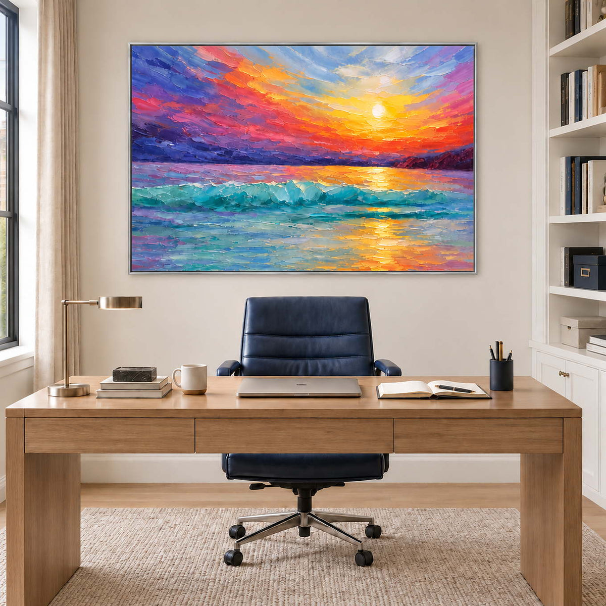 A golden sunset above turquoise waves and a purple-red sky in a silver frame, displayed in a home office.