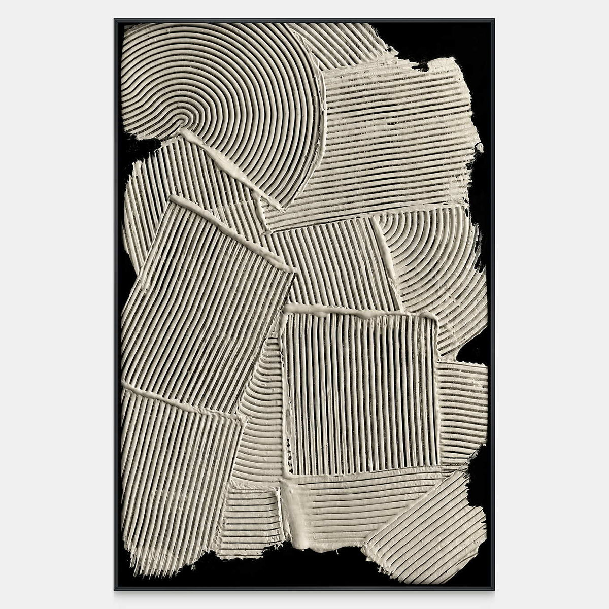 Cream colored raised ridges overlap in straight and curved sections against a vertical black background.