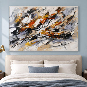 Hand-painted abstract artwork with black gestures and rust, ochre, ivory, and gray layers, displayed in a bedroom in a white frame.