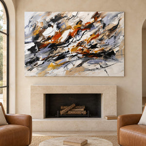 Hand-painted abstract artwork with black gestures and rust, ochre, ivory, and gray layers, displayed beside or above a fireplace without an outer frame.