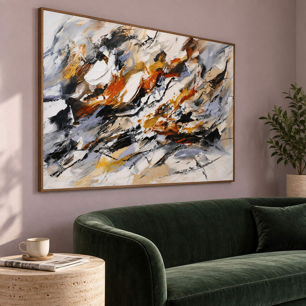 Hand-painted abstract artwork with black gestures and rust, ochre, ivory, and gray layers, displayed in a hotel lounge in a brown wood frame.