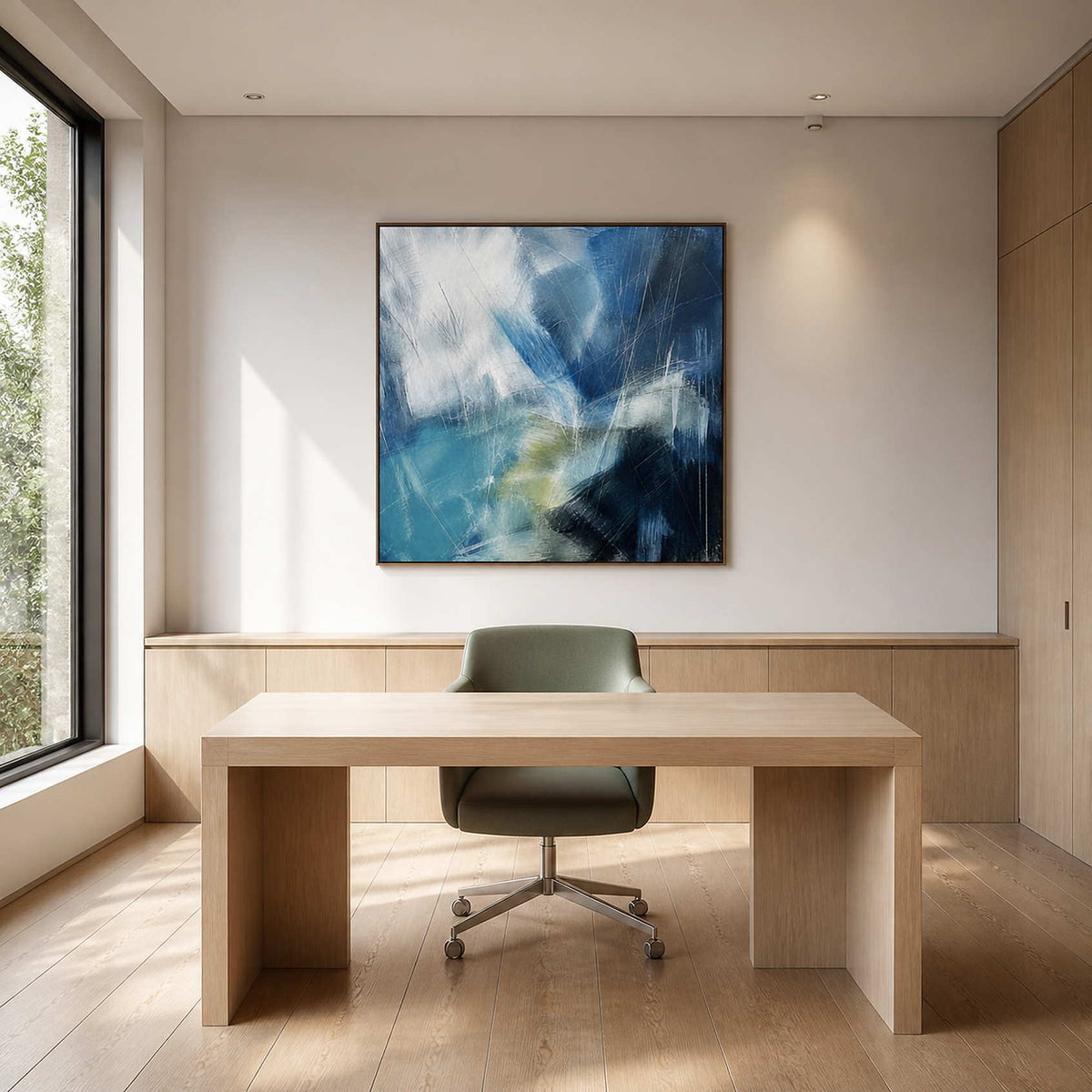 Layered blue abstract artwork creating a focused modern office accent.