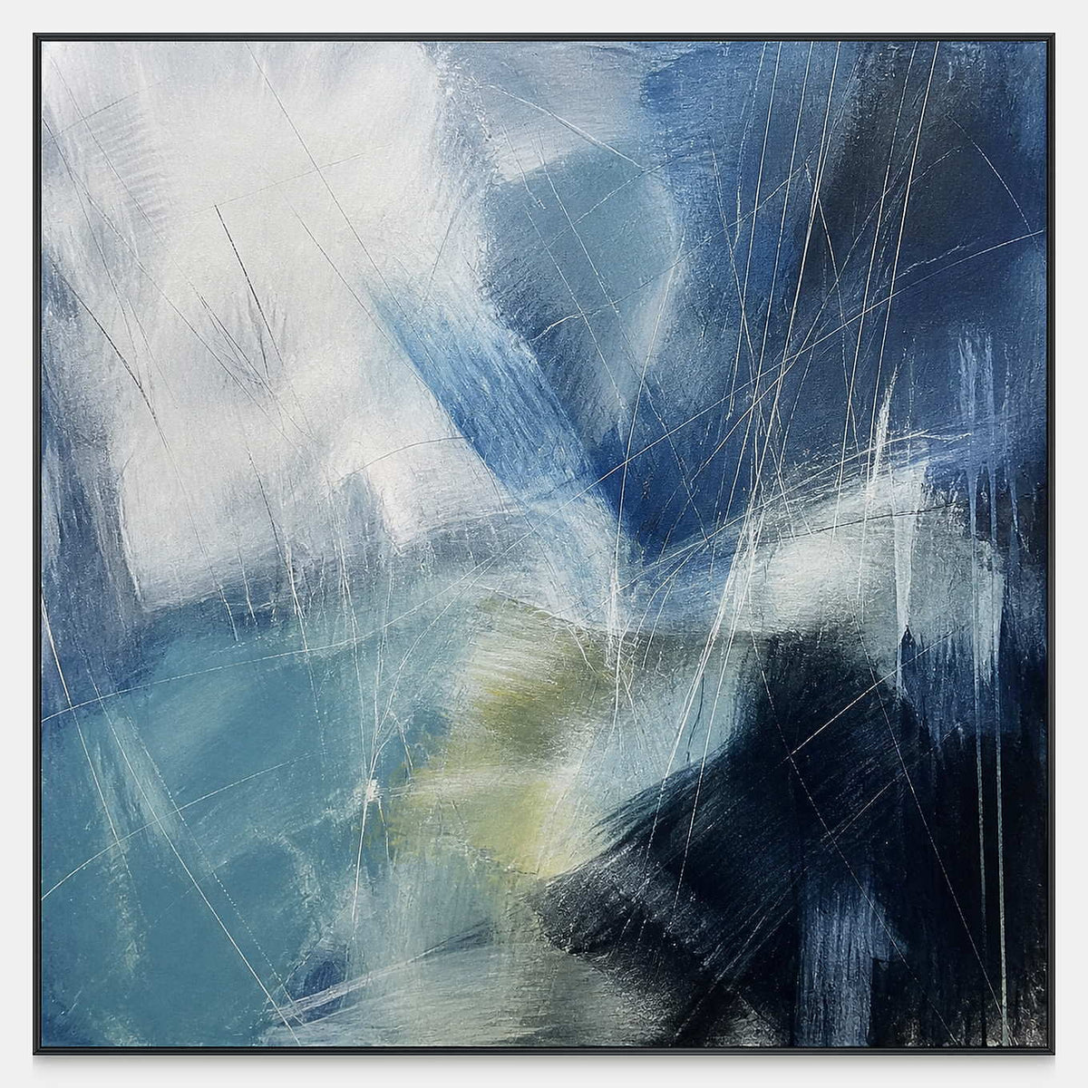 Hand-painted blue abstract canvas with white sweeps and charcoal contrast.