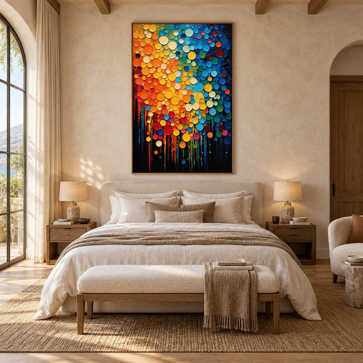 Bright abstract circles above a cream bed beneath exposed ceiling beams.