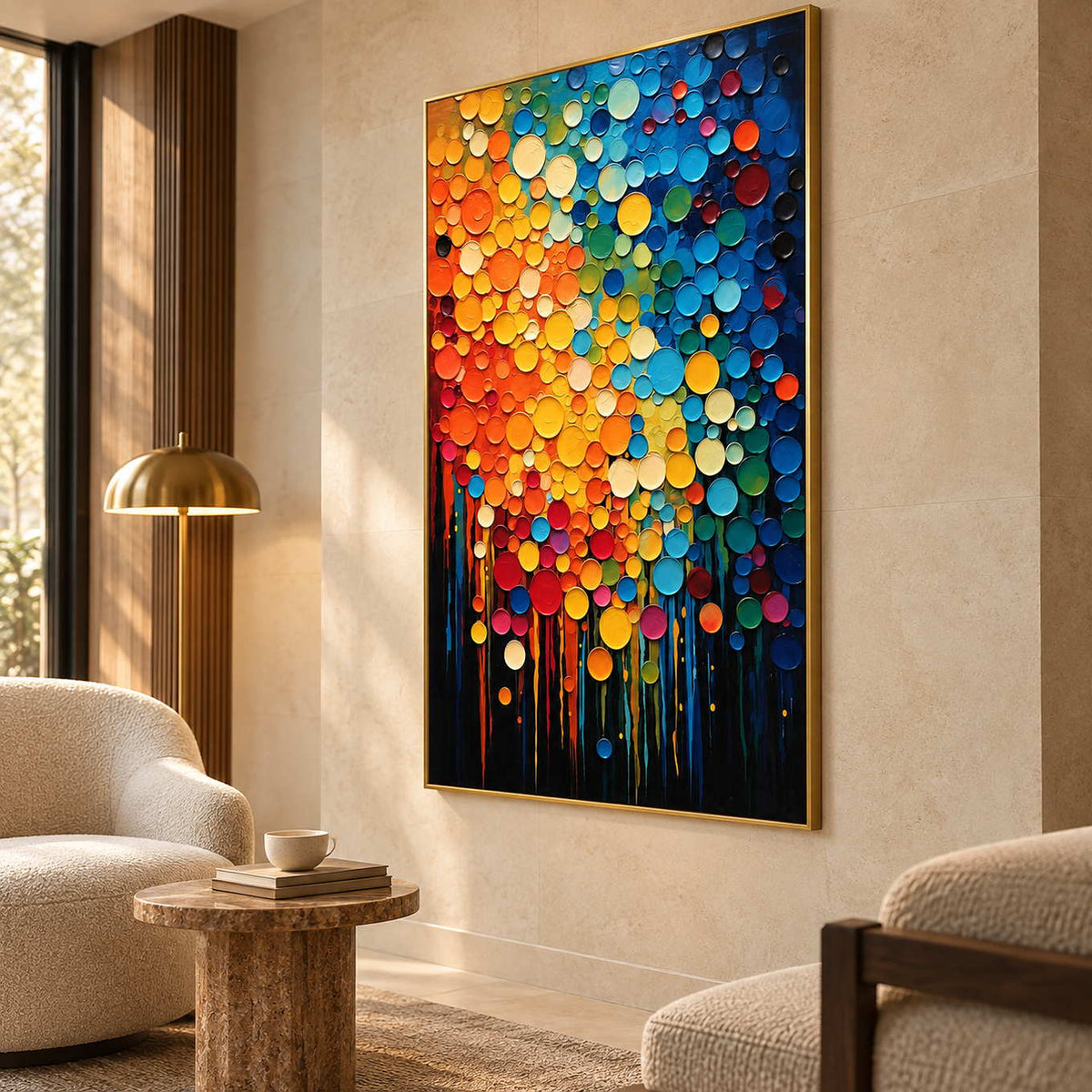 Multicolored circle painting beside a rounded cream chair and small textured side table.
