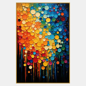 Tall abstract filled with raised yellow, orange, blue, green, and red circles above long colored drips on black.