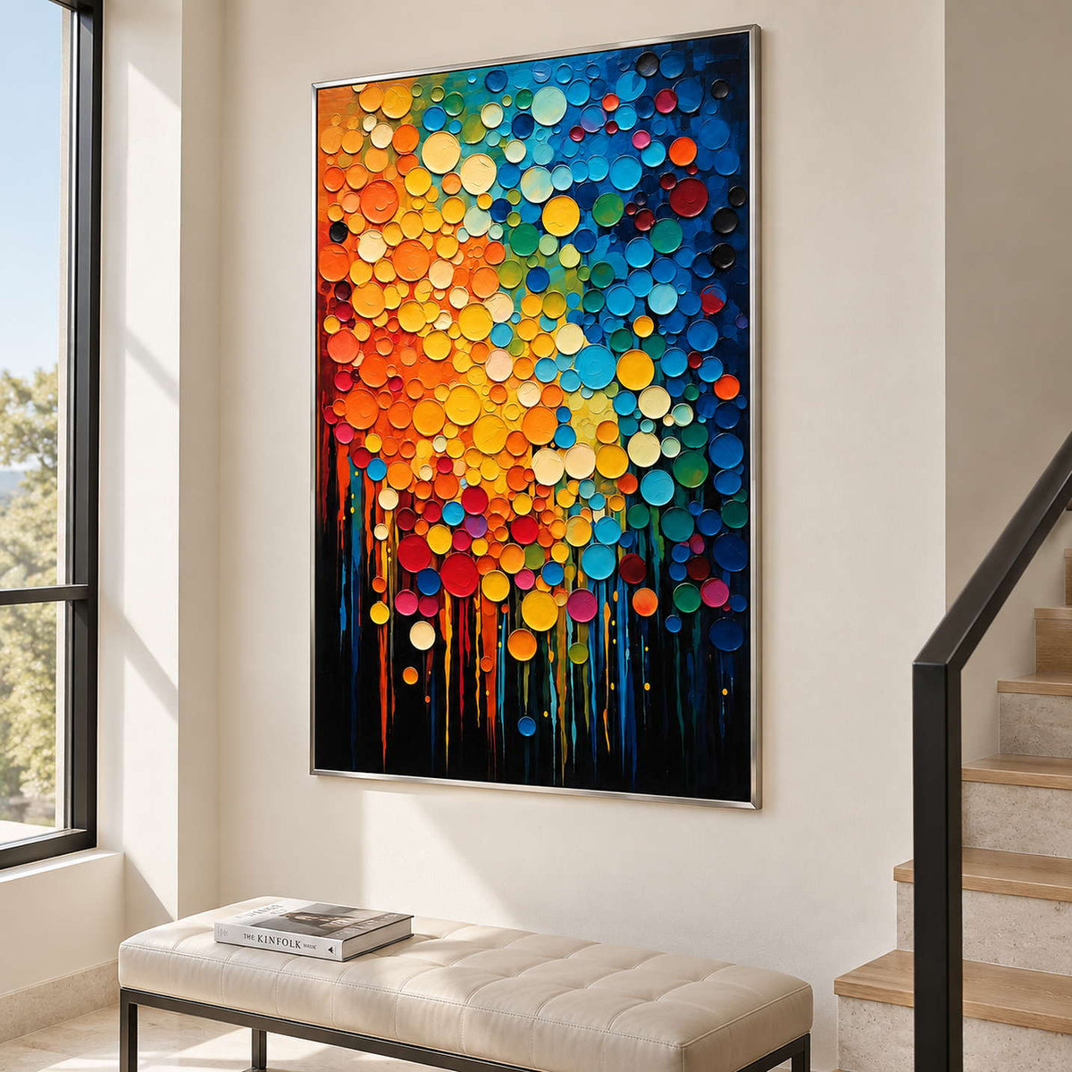 Tall multicolor circle artwork above a cream bench beside a staircase and window.