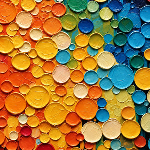 Close-up of overlapping raised circles in yellow, orange, cream, turquoise, green, and blue.