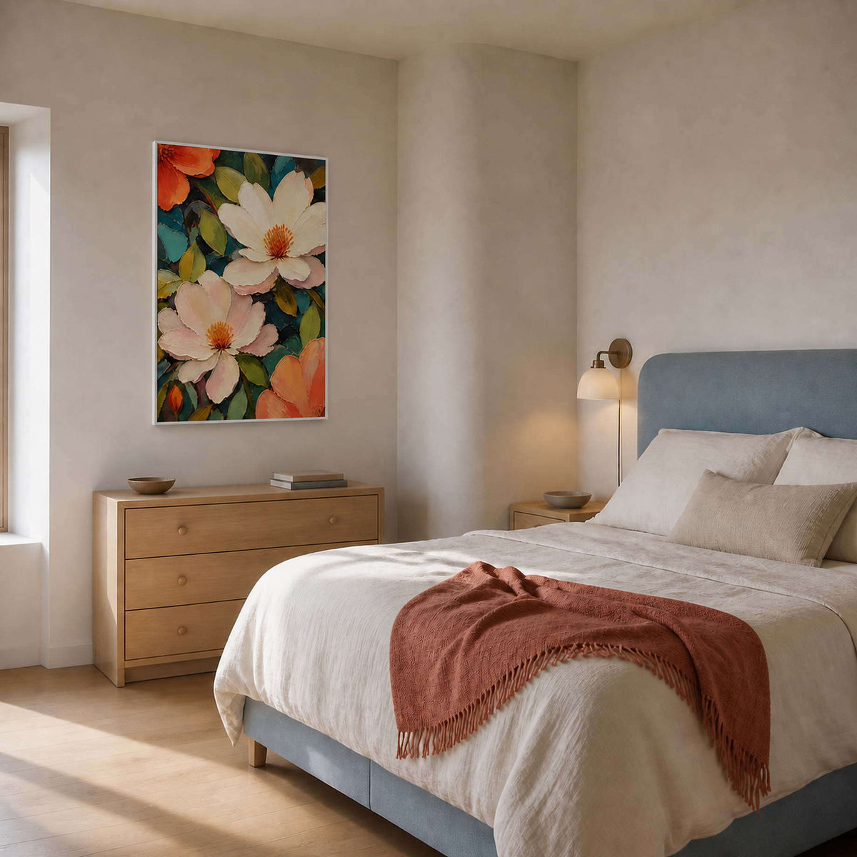 Ivory and coral floral painting in a soft Mediterranean bedroom.