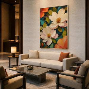 Large textured blooms in an elegant boutique hotel lounge.