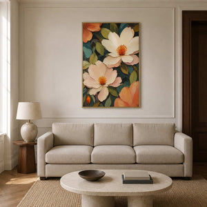 Textured floral wall art in a refined Parisian living room.