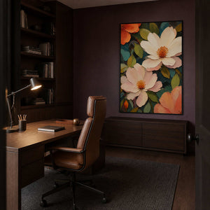 Bold teal floral canvas in a dark tailored home office.