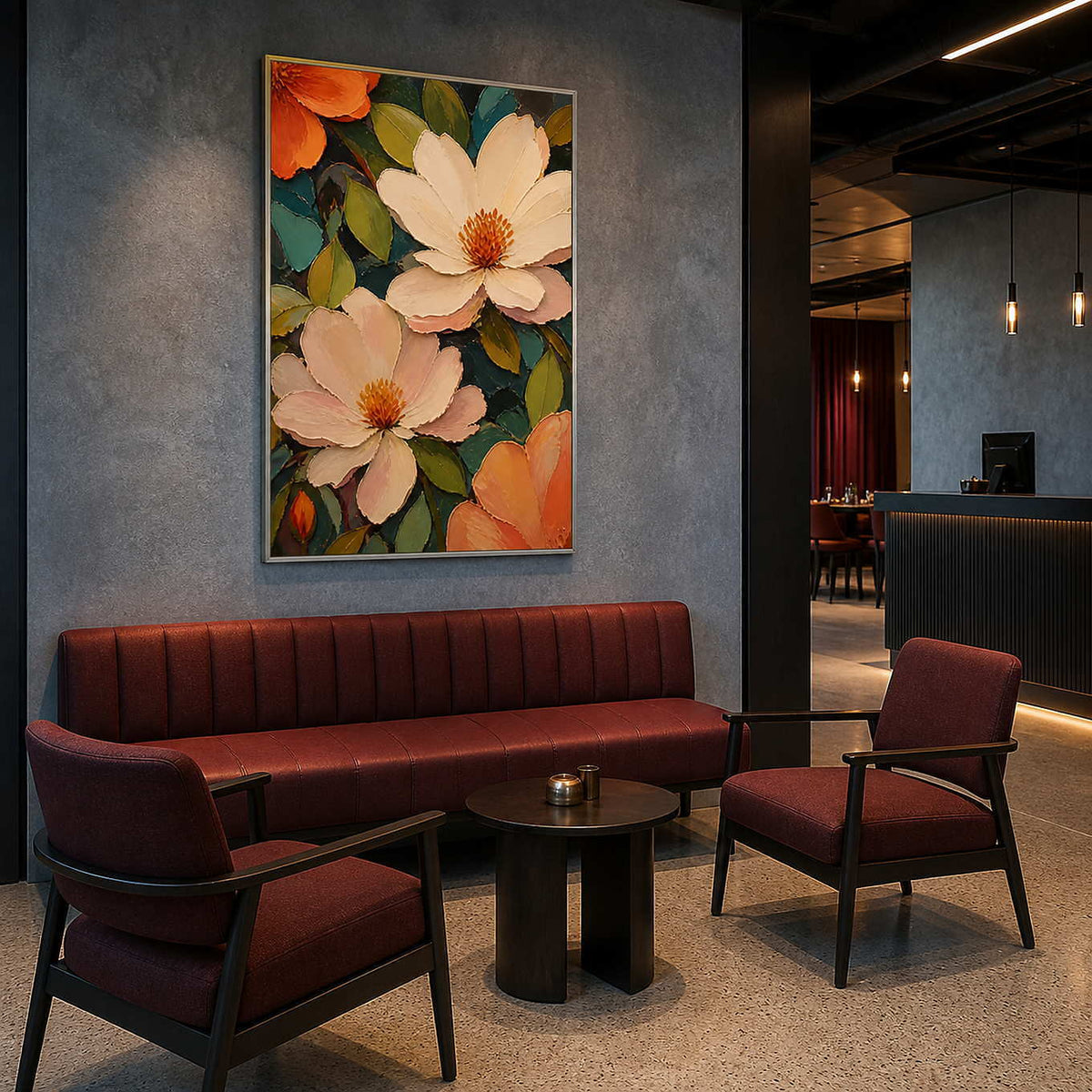 Vibrant floral artwork in a sophisticated restaurant waiting area.