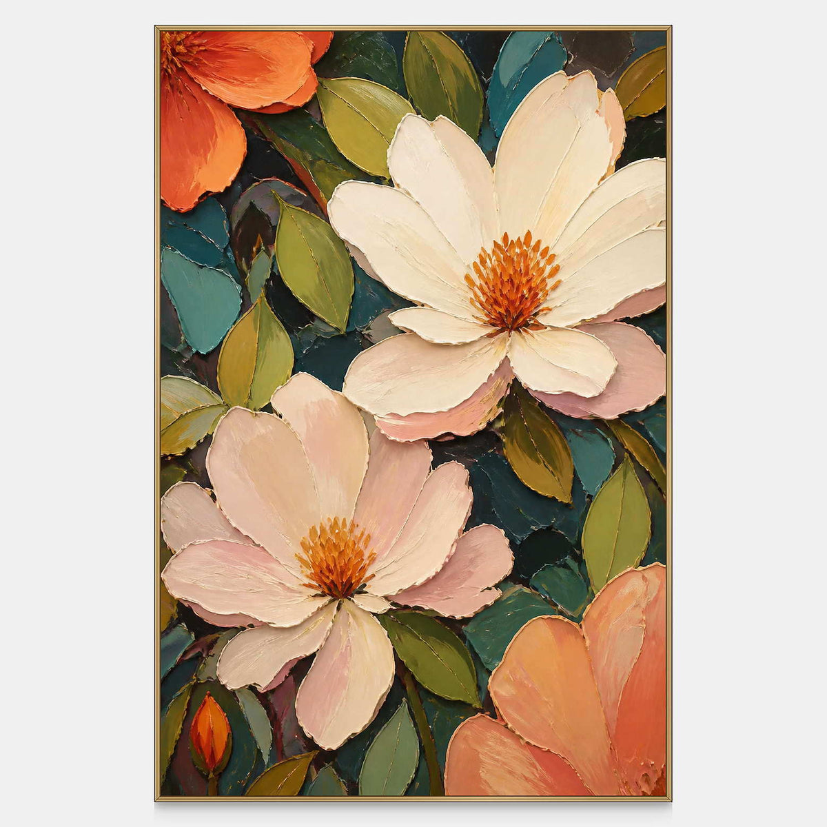Hand-painted ivory and blush flowers against deep teal and olive foliage.