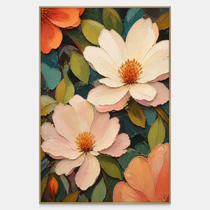 Hand-painted ivory and blush flowers against deep teal and olive foliage.