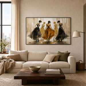 Amber and black fashion figurative wall art displayed in a cream modern living room.