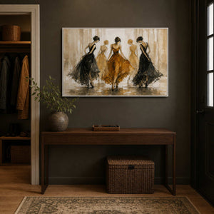 Warm amber fashion artwork brightens a dark residential entryway.