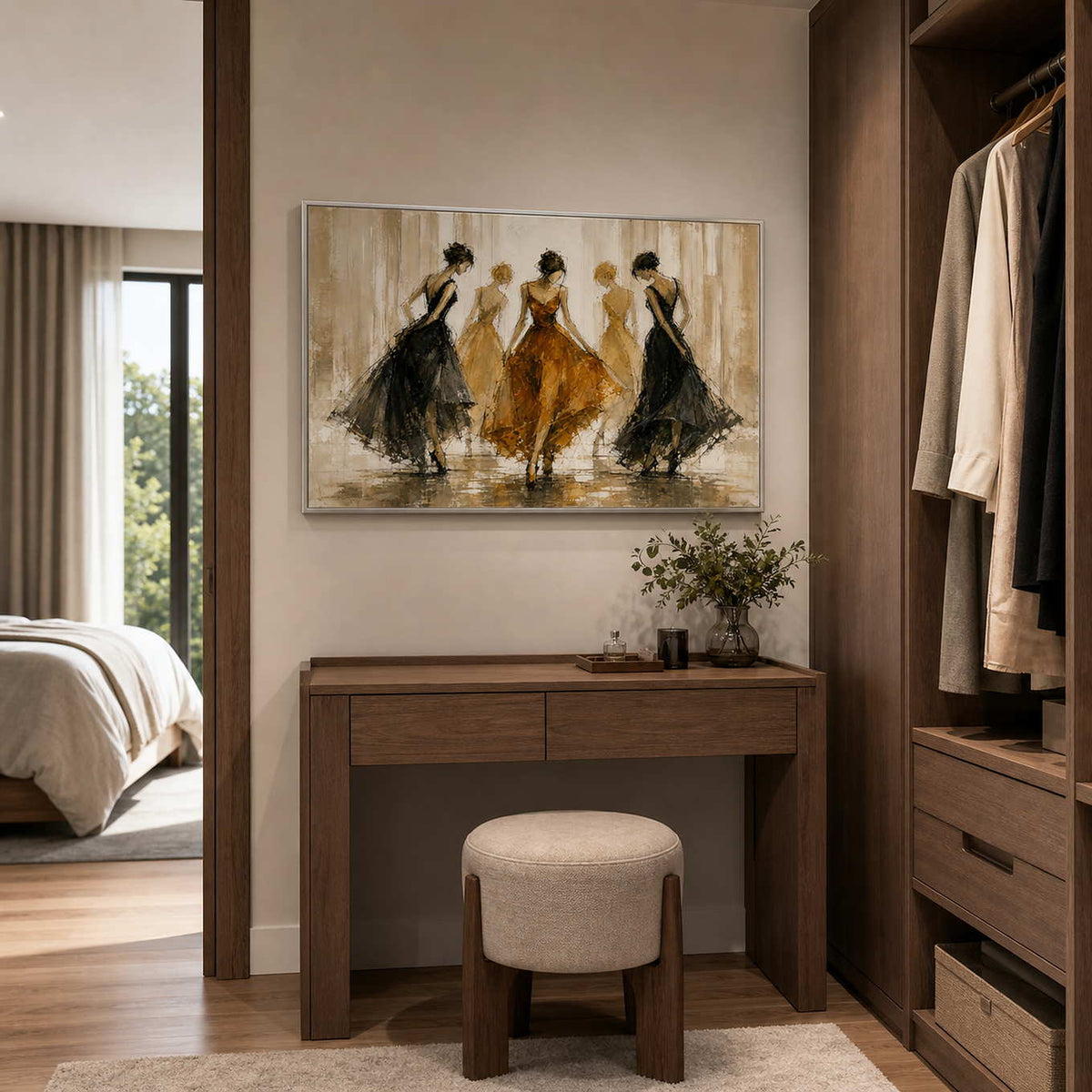 Fashion-inspired wall art displayed in a residential dressing area.