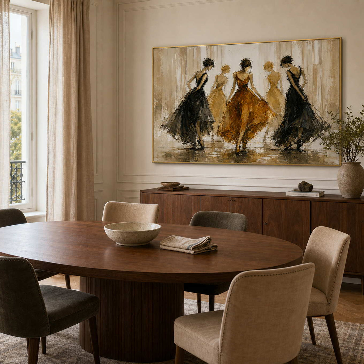 Textured fashion figurative wall art styled in a warm French dining room.