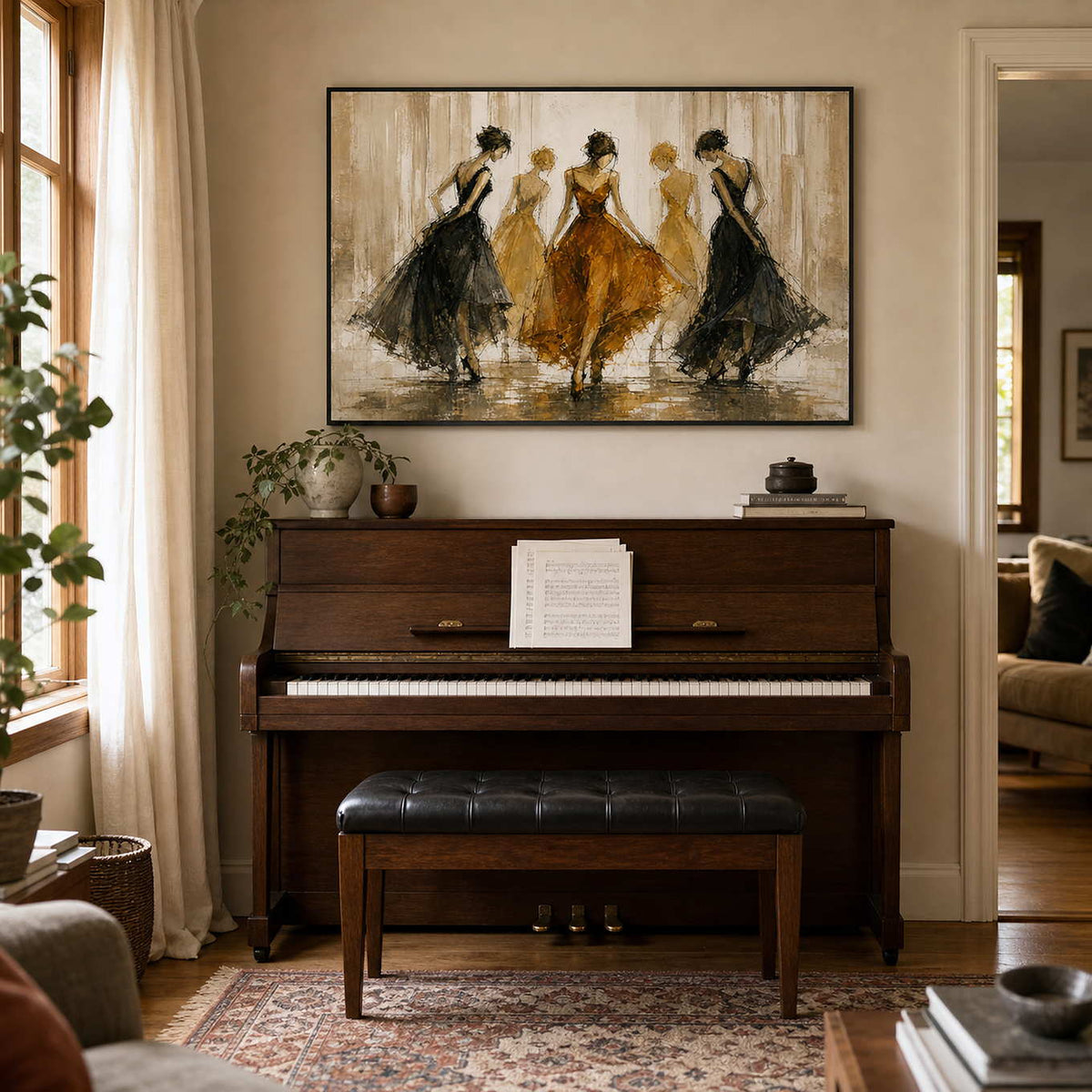 Textured fashion figurative art displayed above a home piano.