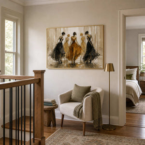Horizontal fashion wall art adds warmth to an upstairs reading landing.