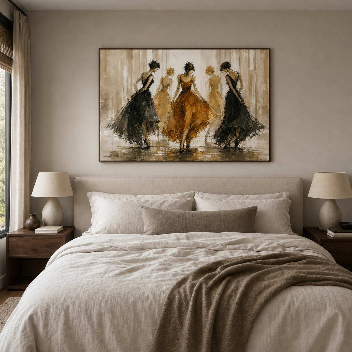Amber and black figurative artwork displayed above a soft taupe bedroom.
