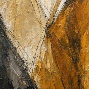 Close-up of charcoal contours and layered amber, black, and neutral paint texture.