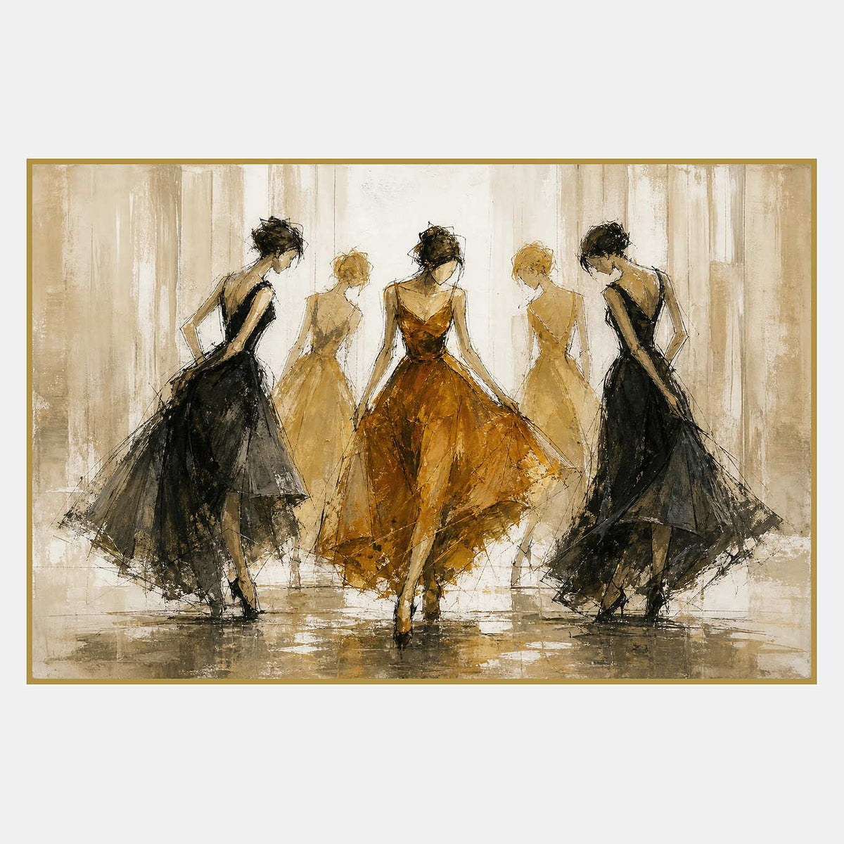 Hand-painted fashion artwork with a central amber dress and figures in black and neutral tones.