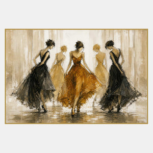Hand-painted fashion artwork with a central amber dress and figures in black and neutral tones.