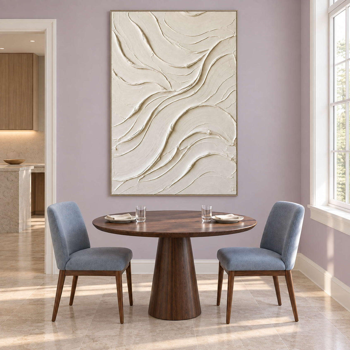 Tall pale abstract behind a small round table and blue chairs.