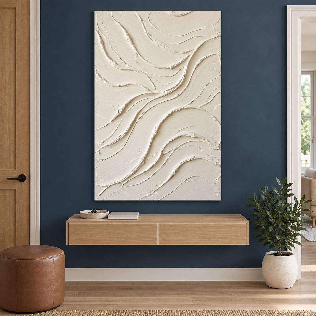 White curved abstract above a floating wood shelf on navy.