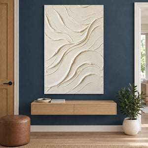 White curved abstract above a floating wood shelf on navy.