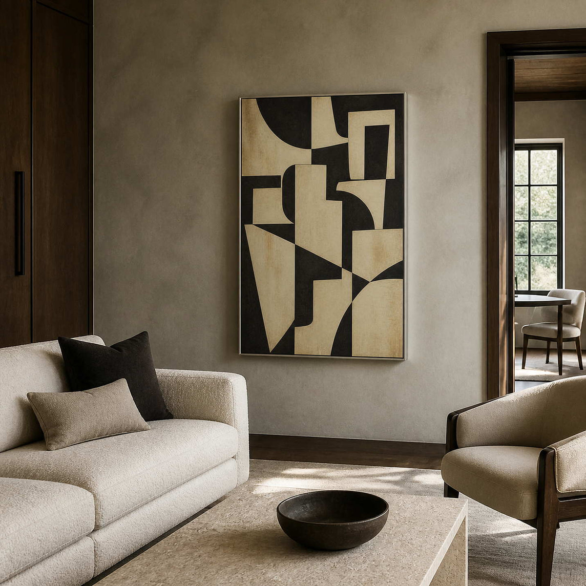 Modern abstract painting displayed in a soft olive-gray lounge.