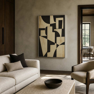 Modern abstract painting displayed in a soft olive-gray lounge.