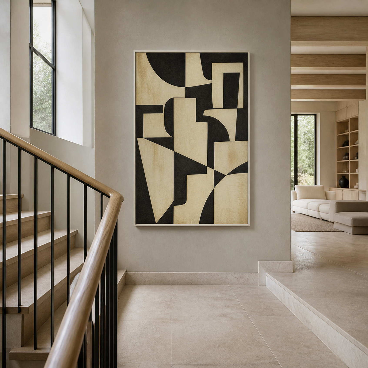 Vertical geometric wall art displayed in a pale stone stair hall.