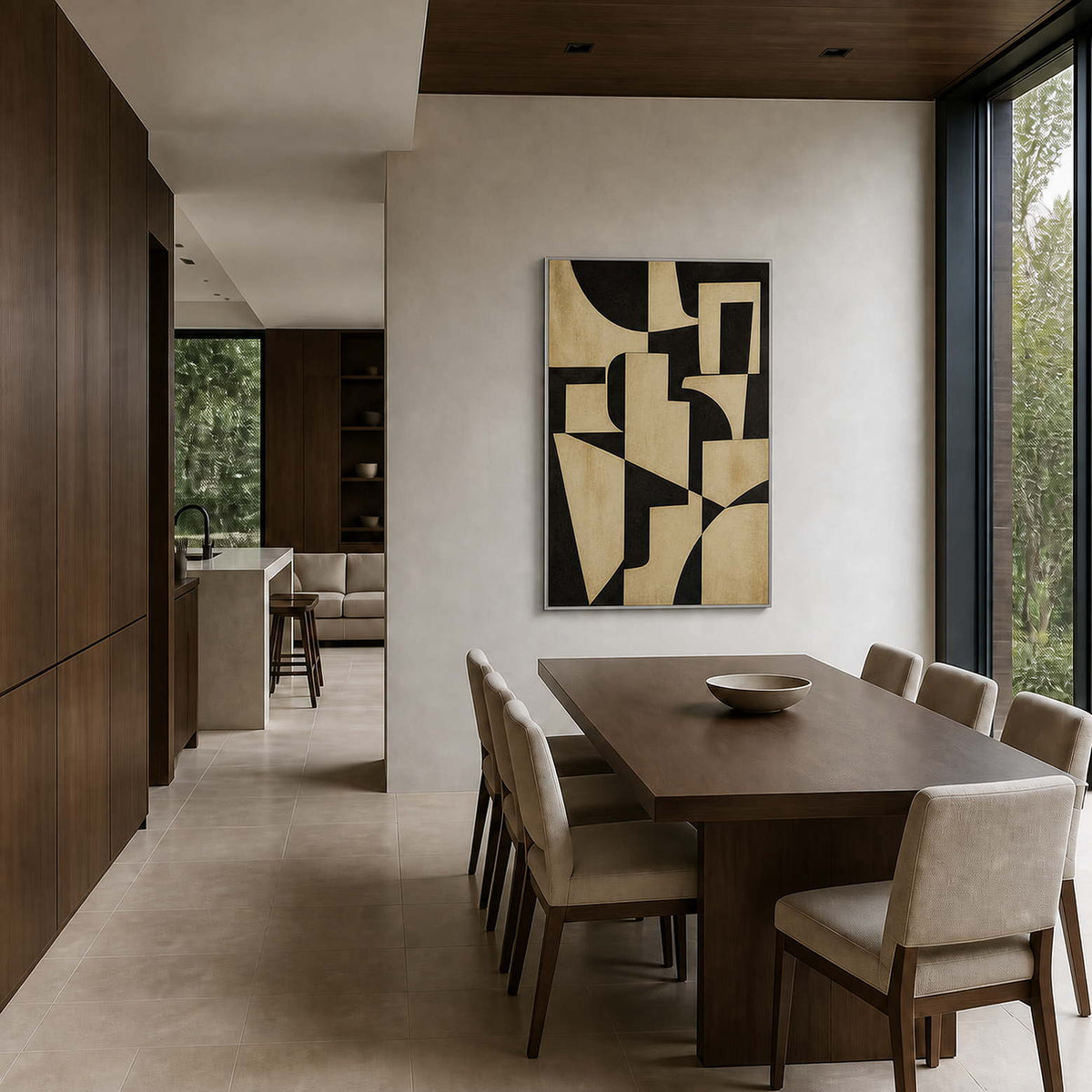 Modern geometric artwork displayed in a deep walnut dining room.