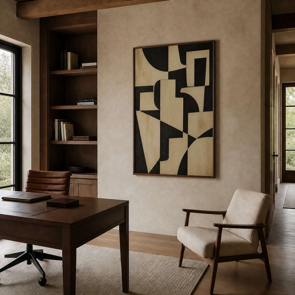 Minimalist abstract wall art displayed in a warm walnut home office.