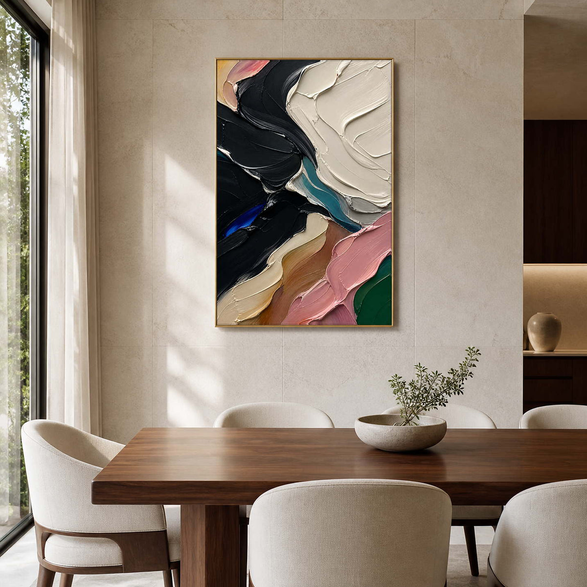 Sculptural abstract painting adds contrast to a refined wood dining room.