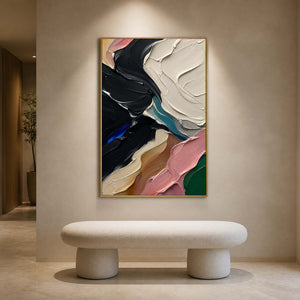 Modern textured abstraction displayed above a sculptural gallery bench.