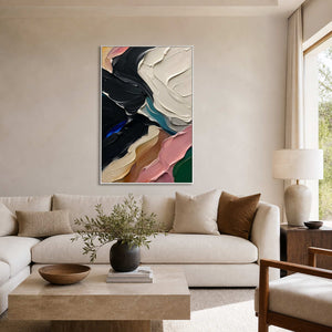 Bold textured abstract wall art displayed in a warm neutral living room.