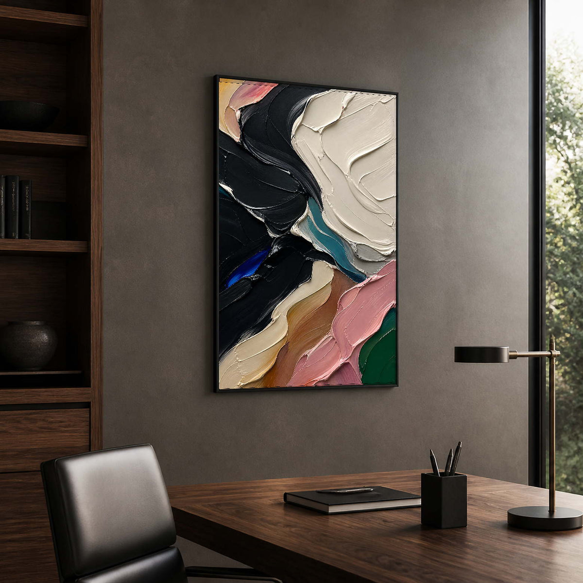 Bold vertical abstract wall art complements a dark modern office.