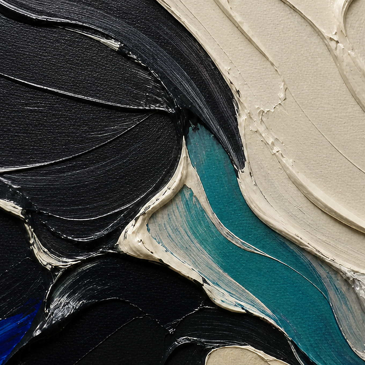 Close-up of layered black, ivory, and teal palette-knife curves.